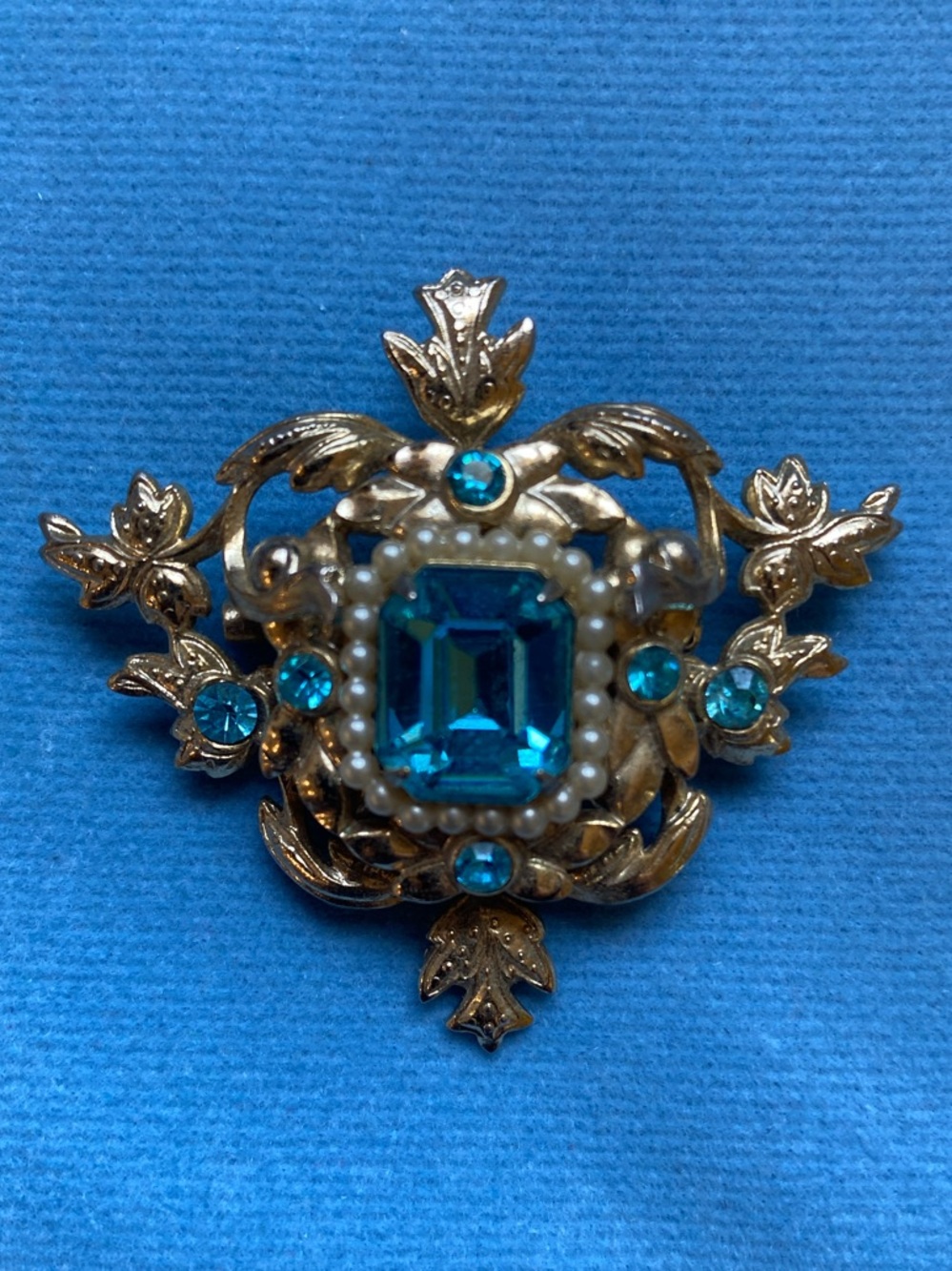 Vintage Gold Tone Floral Brooch with Aqua Blue Gem and Pearls
